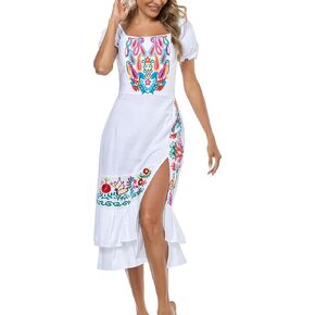 YZXDORWJ Mexican Dress for Women Boho Embroidered Sexy Ruffle Maxi Dress Short Sleeve Summer Beach Swing Wedding Party Dress