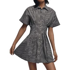 Women Button Front Pleated Stripe Shirt Dresses Summer Casual Short Sleeve Pleated Blouse Mini Dress