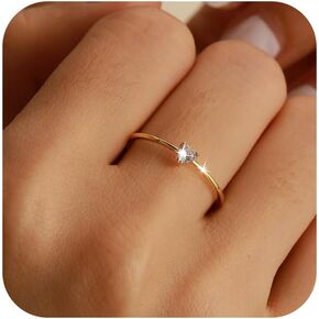 925 Sterling Silver Heart White Birthstone Ring for Women 14K Gold Plated Delicate Engagement Promise Rings to Daughter Mother Sister Minimalist Stackable Ring Wedding Graduation Gift for Her Size 5-7