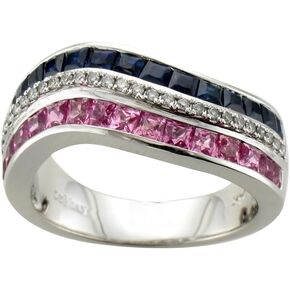 LE VIAN 1/10 Diamond Triple Row Ring for Her | Elegant 14k White Gold Pave Ring for Her with 1 3/4 Carat Pink and Blue Sapphire (H-I, VS2-SI1, 0.13 cttw) Promise Anniversary Wedding Band Size 7