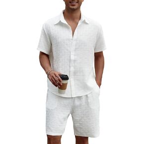Men's 2 Piece Outfits Short Sleeve Button Down Shirts and Drawstring Shorts Summer Beach Hawaiian Sets
