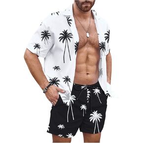 Men's Big and Tall 2 Piece Vacation Outfits Tropical Short Sleeve Button Up Shirt and Drawstring Waist Beach Shorts