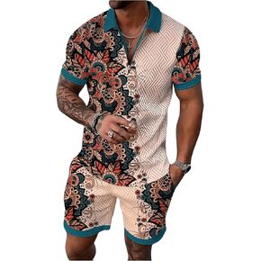 Men's 2 Piece Summer Outfits Boho Print 1/4 Zip Short Sleeve Shirts and Beach Shorts Set
