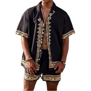 Men's 2 Piece Short Set Striped Button Down Shirt and Drawstring Waist Shorts Vacation Outfits