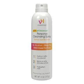 vH essentials Personal Cleansing Spray, pH Balancing Lactic Acid, Sting-Free, Witch Hazel Formula, Fragrance free, Paraben free, Sprays upside down for easy external intimate cleansing, 4 floz