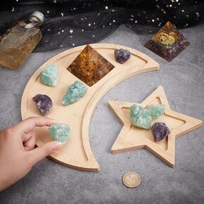 Star and Moon Tray Crystal Holder and Display Bamboo Crystal Tray for Stones Gemstones Storage and Organizer Stand Essential Oil Holder Jewelry Dish Trays Boho Decor