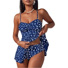 Verdusa Women's 2 Piece Floral Tankini Set Backless Swim Dress with High Waisted Bikini Bottoms