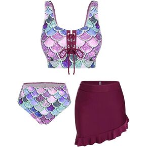 Rosegal Plus Size Women 3 Piece Tankini Swimsuit Holographic Mermaid Scale Print Lace-up Bathing Suit Swimwear