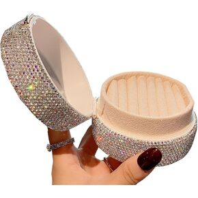 Rhinestone Compact Jewelry Organizer Box - Portable Jewelry Storage Case for Necklaces, Rings, Earrings, Bracelets (Silver)