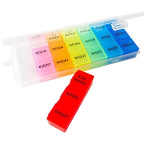 Push Button 7-Day Pill Case, Daily Medicine Planner, Travel Vitamin Organizer, Twice a Day AM PM 14 Compartments Pill Box Reminder for Fish Oil, Supplement, Arthritis Friendly, Colorful Lids