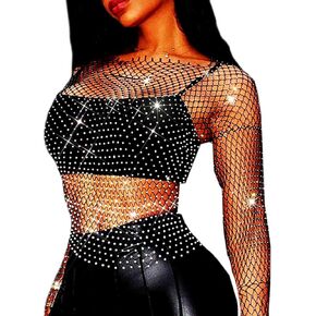 Fstrend Mesh Body Chains Crystal Long Sleeve Fishnet Crop Tops Rhinestone See Through Cover up Bikini for Women (XL)