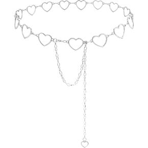 Heart Waist Chain Belt, Silver Women Metal Link Body Chain Belt Adjustable Dangling Jewelry Belt for Women Jeans Dress