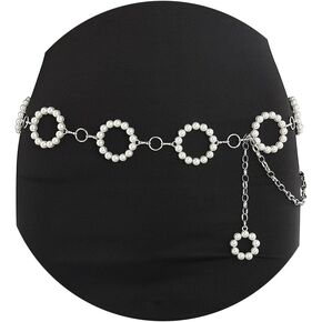 ELABEST Pearl Chain Belt for Women Heart Round Waist Chain Body Chain Accessories Jewelry (Circle-Silver)