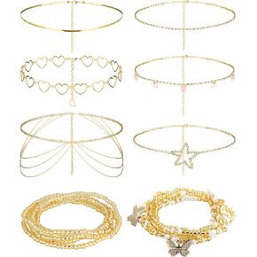سلسلة الخصر الذهبية Joerica 8pcs للنساء سلاسل بطن قابلة للتعديل النجوم الفراشة قلب الراين سلسلة الخصر البطن حبات الجسد الصيفي المجوهرات