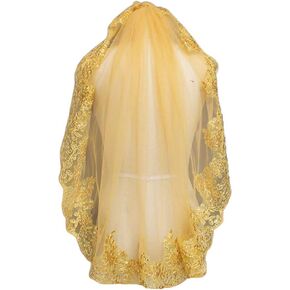 Veil Women Soft Mesh Metallic Gold Sequins Embroidered Lace Vintage Mantilla Wedding, 31.49inch-39.37inch