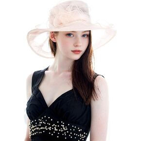 Women's Organza Hat Wide Brim Adjustable Derby Church Sun Hats Dress Bridal Shower Floral Hair Accessory Gift Box
