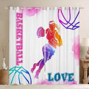Basketball Lovers Kids Window Curtains,Modern Sports Games Competition Window Drapes for Girls Boys Adults,Hand Painted Fashion Pink Purple Window Treatments Grommet Top 2 Panel Set,42Wx63L inch