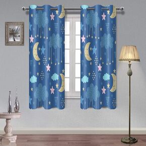 Kids Cartoon Curtains Moon Starry Sky Good Night Cute Blue Window Drapes for Nursery Boys Girls Baby Bedroom Clouds Print Dreamy Blackout Drape for Living Room 2 Panels 42x63in CLXPAH967