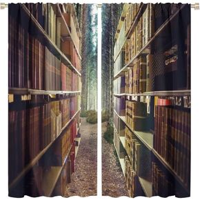 Bookshelf Blackout Curtains,Close Up of A Bookshelf Against Trees in Forest Theme,Window Drapes for Kids Boys Girls Living Room Bedroom Decor Thermal Insulated Tie Up Curtain 84x84in