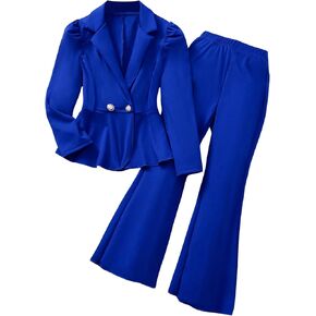 Oyoangle Girl's 2 Outfits Butting Button Butting Hull Hend Puff Long Sleeve Blazer and Flare Long Pants