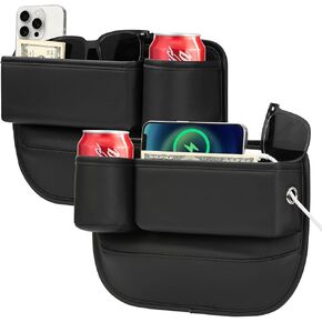 Car Seat Gap Filler Organizer 2 Pack Car Leather Cup Holder Gap Bag for Phone Drink Sunglasses Keys Cards(Black Driver's + Passenger)