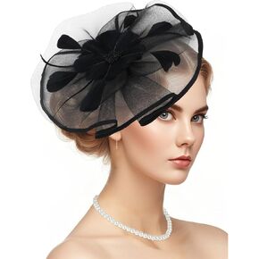 Yariew 2025 قبعات Fascinators للنساء ، قلادة لؤلؤة للنساء قبعات حفل الشاي قبعات ريشة الرأس لحفل الزفاف ، حفل الشاي ، ملابس الكوكتيل الأسود