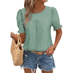 Summer Tops for Women Ruffle Sleeve Blouses Eyelet Crewneck Short Sleeve Dressy Casual Tops 2025 S-2XL
