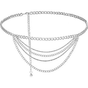 Multilayer Chain Belts for Women, Silver Chain Belt, Rhinestone Metal Waist Chain Belt Belly Body Chain Jewelry for Dress Jeans