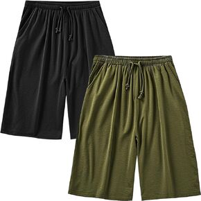 2 Pack Men’s Pajama Shorts Soft Modal Boxer Shorts Comfy Breathable Elastic Sleep Bottoms Pants with Pockets