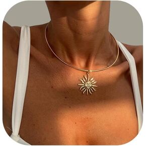 Summer Simple Metal Sunflower Pendant Collar Necklace Round Cuff Necklace Adjustable Bikini Clavicle Chain Jewelry Festival Statement Choker for Women
