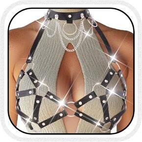 Bodiy Punk Black Chest Harness Leather Bra Bra Chain Braft Bruct مع أحزمة أحزمة قلادة من أجل النساء للنساء