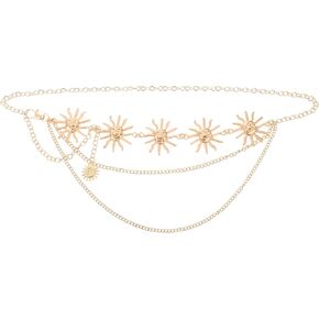 Waist Chain Belt Multilayer Gold Sun Moon Chain Belt Fashion Metal Waist Chains Bikini Hollow Out Waists Chains Adjustable Dress Body Belly Pendant for Women Dresses Jeans Trousers Jewelry Accessories