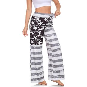 RONGTAI Women's 4th of July Pajamas Bottom Comfy Stretch Amercain Flag Print Wide Leg Lounge Pants S-3XL