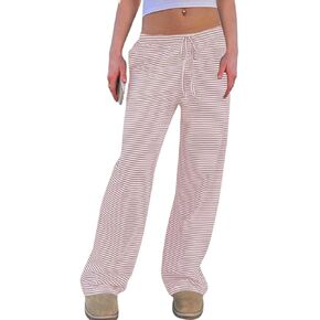 Womens Comfy Pajama Pants Striped Low Waisted Lounge Pants Elastic Waist Drawstring Long Trousers