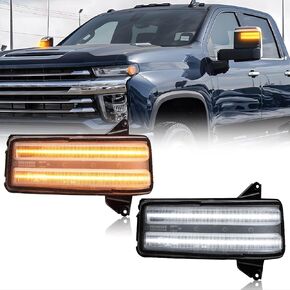 Sequential Turn Signal Lights Compatible with Silverado Sierra 2500HD 3500HD 2019-2023, Amber LED Side Tow Mirror Marker Light & White Daytime Running Parking Lamp (Smoked Lens)