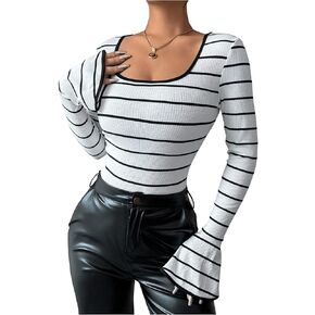 MakeMeChic Women's Striped Long Sleeve Bodysuit Square Neck Bell Sleeve Going Out Tops Leotard