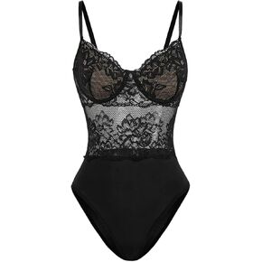 SHENHE Women's Lace Bustier Bodysuit Sheer Corset Top V Nek Spaghetti Strap Floral Bodysuits Camisole
