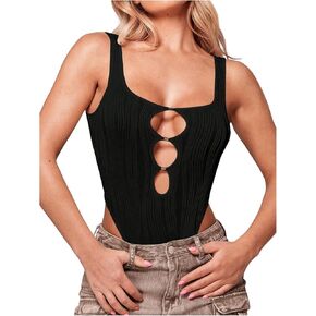 Milumia Women's Textured Cut Out Bodysuit Square Neck Sleeveless High Cut Tank Top