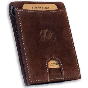 Money Clip Bifold Wallet, Full-grain Leather, RFID Protected, Minimalist Front Pocket (Brown)