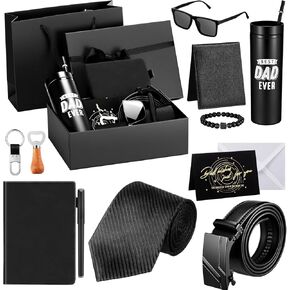 Tioncy 12 Pcs Men Birthdays Father's Day Gift Set with Box Basket Tumbler Wood Bottle Opener PU Leather Wallet Tie Belt Keychain Sunglasses Pen Journal Gift Box and Bag Set for Husband (Super Dad)