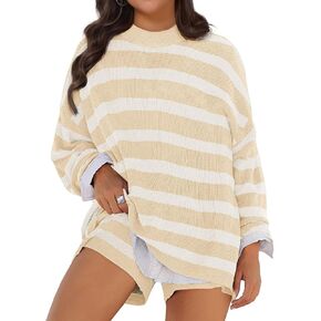 Beautife Womens Plus Size Lounge مجموعات مخطط متماسكة 2 قطعة سترة مجموعة طويلة الأكمام وملابس قصيرة الحجم