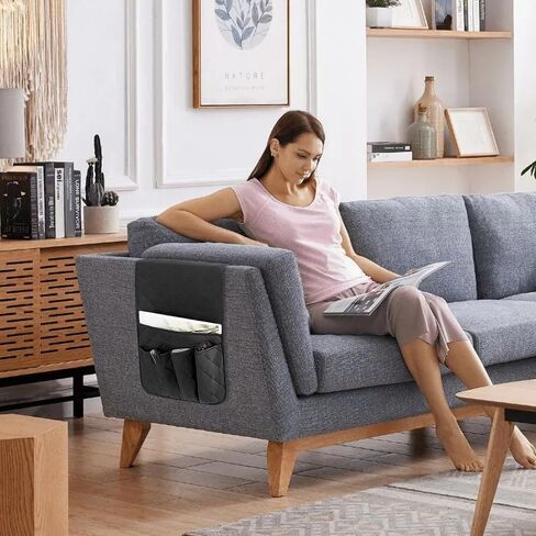 RETON Sofa Armrest Organizer with 5 Pockets, Non Slip Remote Control Caddy with 8 Pieces of Hook and Loop Fasteners, Armchair Caddy Holder Storage for Magazine Recliner Book TV Phone (Black) in Saudi Arabia