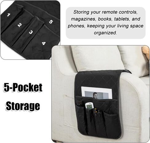RETON Sofa Armrest Organizer with 5 Pockets, Non Slip Remote Control Caddy with 8 Pieces of Hook and Loop Fasteners, Armchair Caddy Holder Storage for Magazine Recliner Book TV Phone (Black) in Saudi Arabia