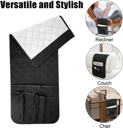 RETON Sofa Armrest Organizer with 5 Pockets, Non Slip Remote Control Caddy with 8 Pieces of Hook and Loop Fasteners, Armchair Caddy Holder Storage for Magazine Recliner Book TV Phone (Black) in Saudi Arabia