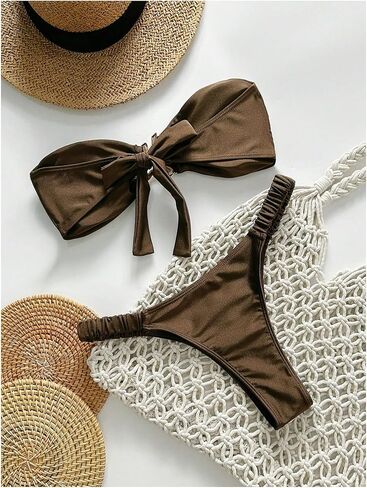 SHENHE Women's Strapless Swimsuits 2 Piece High Cut Cheeky Thong U Wire Bandeau Bikini Set in Saudi Arabia