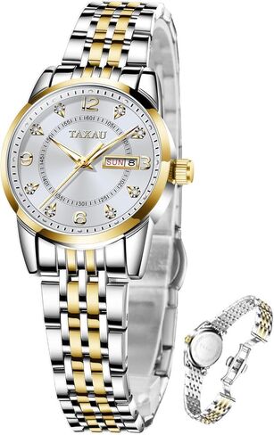 Womens Watch Fashion Dress Waterproof Silver Watches for Women Casual Easy Read Quartz Analog Women's Watch Two Tone Stainless Steel Ladies Watches with Day Date in Saudi Arabia