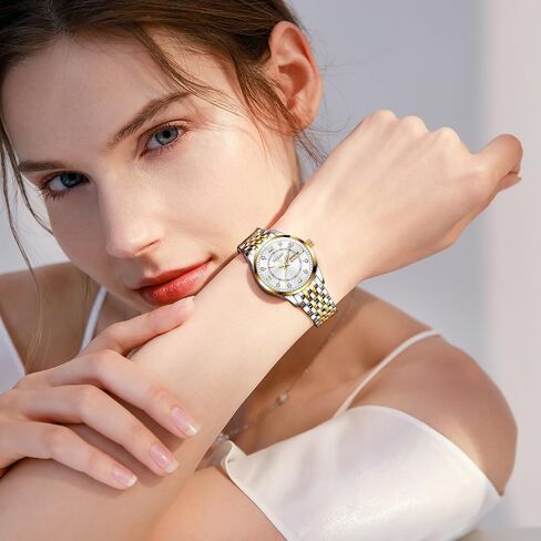 Womens Watch Fashion Dress Waterproof Silver Watches for Women Casual Easy Read Quartz Analog Women's Watch Two Tone Stainless Steel Ladies Watches with Day Date in Saudi Arabia
