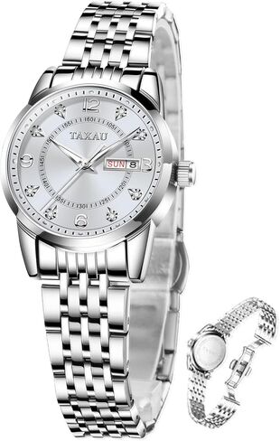 Womens Watch Fashion Dress Waterproof Silver Watches for Women Casual Easy Read Quartz Analog Women's Watch Two Tone Stainless Steel Ladies Watches with Day Date in Saudi Arabia