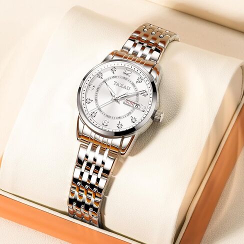 Womens Watch Fashion Dress Waterproof Silver Watches for Women Casual Easy Read Quartz Analog Women's Watch Two Tone Stainless Steel Ladies Watches with Day Date in Saudi Arabia
