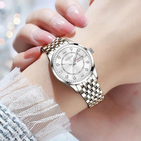 Womens Watch Fashion Dress Waterproof Silver Watches for Women Casual Easy Read Quartz Analog Women's Watch Two Tone Stainless Steel Ladies Watches with Day Date in Saudi Arabia